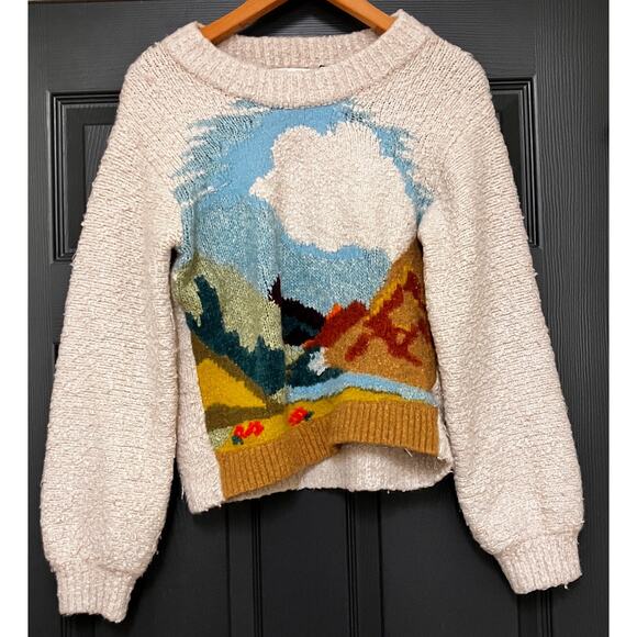 Sleeping On Snow Sweaters - Artistic Landscape Knit Sweater - Cream and Multicolor